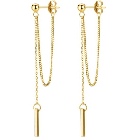 Chain Earrings for Women 18K Gold Plated Dainty Bar Drop Dangle Earrings - Picture 1 of 7